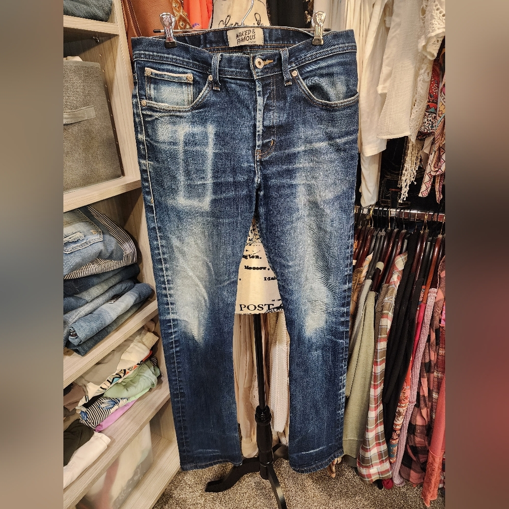 Naked & Famous Denim Blue Straight Jeans with Vintage Wash